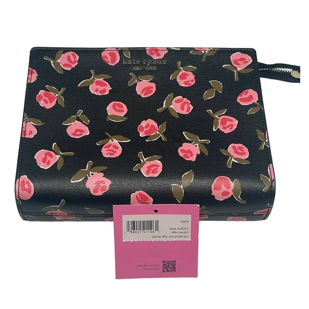Kate Spade New York Spencer Ditsy Rose Printed PVC Wristlet with Gusset Black